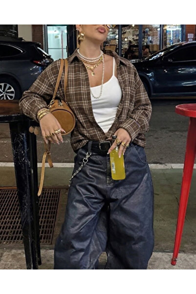 Toum Καφέ Oversize Καρό Πουκάμισο με Σχέδιο