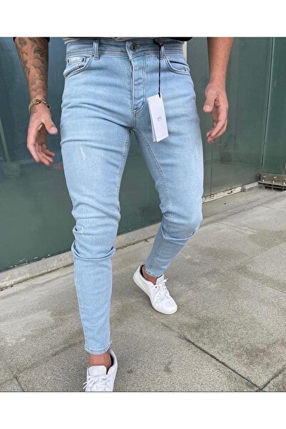 MODAMESTO Men's Ice Blue Slim Fit Laser Stretch Fabric Jeans