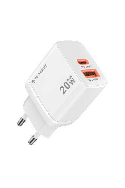 Techsuit Duonix Ch2 Τροφοδοτικό, 20W, 3A, 1 Θύρα USB-A - 1 Θύρα USB-C, Λευκό