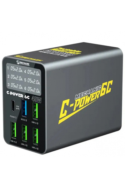 OEM Mechanic Φορτιστής Σταθμού 6C με Οθόνη, 40W, 3A, 1 X USB-C - 5 X USB-A, Μ...