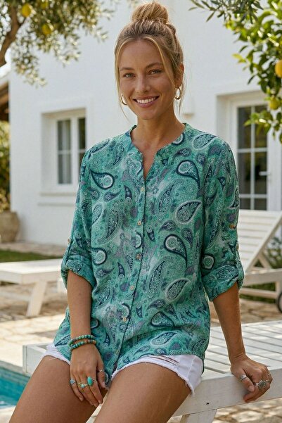 Chiccy Πράσινο πουκάμισο με γιακά με κουμπιά, μανίκι 3/4, με σχέδιο σάλι, με ...