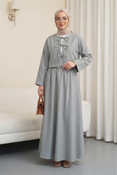 Modamorfo Λινό σετ με δέσιμο με κορδόνια και ελαστική μέση - γκρι