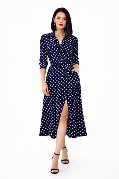 Kureyzibies Γυναικείο πουά πουκάμισο με γιακά και ζώνη, μίντι φόρεμα με σκίσιμο