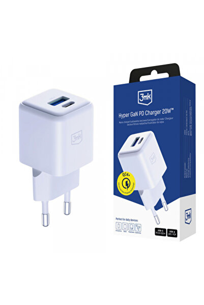 3MK Υπερ-φορτιστής δικτύου, 20W, 3A, 1 X USB-A - 1 X USB-C, Λευκό