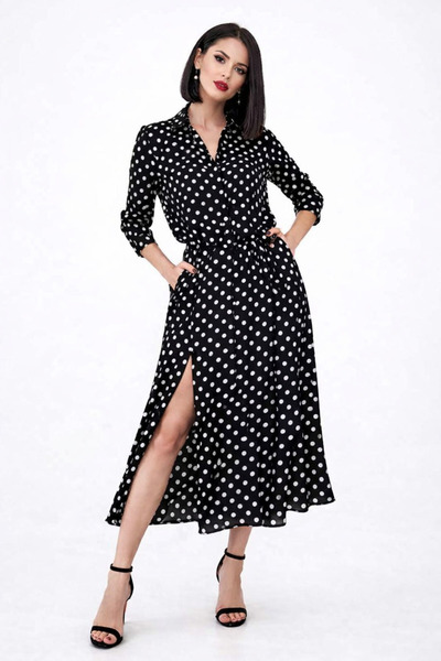 Kureyzibies Γυναικείο πουά πουκάμισο με γιακά και ζώνη, μίντι φόρεμα με σκίσιμο