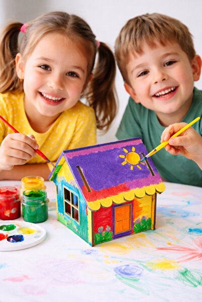 metafortoys 1 Adet Boyanabilir Mini Ahşap Ev Seti – Eğitici Etkinlik ve Dekor...