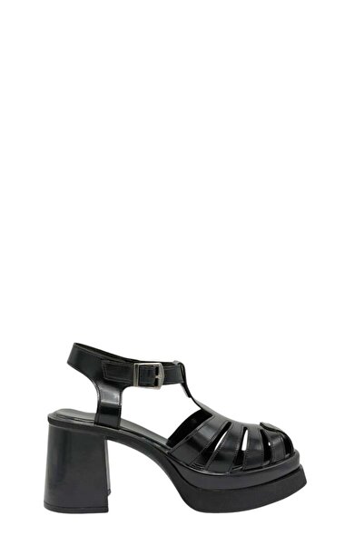 Moulin Shoes Siyah Açma Deri Platform Topuklu Kadın Ayakkabı