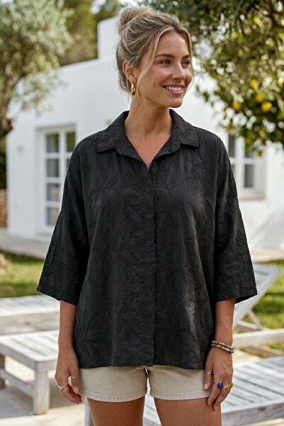 Chiccy Μαύρο πουκάμισο με γιακά, 3/4 μανίκια, με κουμπιά, κεντημένο, βαμβακερ...