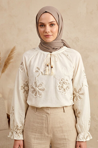 FERHEL Women's Tassel Lace-Up Floral Embroidery Detailed Blouse - Cream