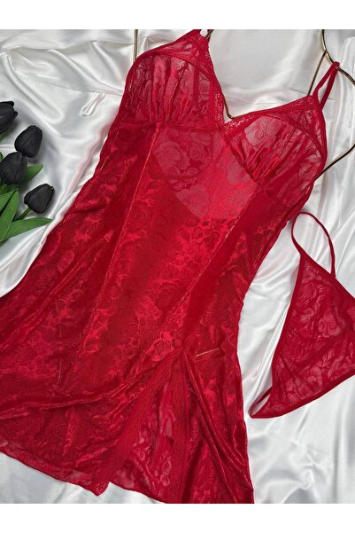 ROZENİN LINGERIE Askılı Dantelli Yumuşak Dokulu Mini Elbise Gecelik String Set