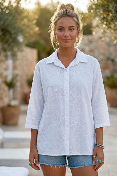 Chiccy Λευκό πουκάμισο με γιακά, 3/4 μανίκια, με κουμπιά, κεντημένο, βαμβακερ...
