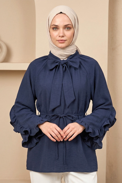 FERHEL Hijab Collar Ribbon Sleeve Ruffle Waist Tie Tunic - Navy Blue