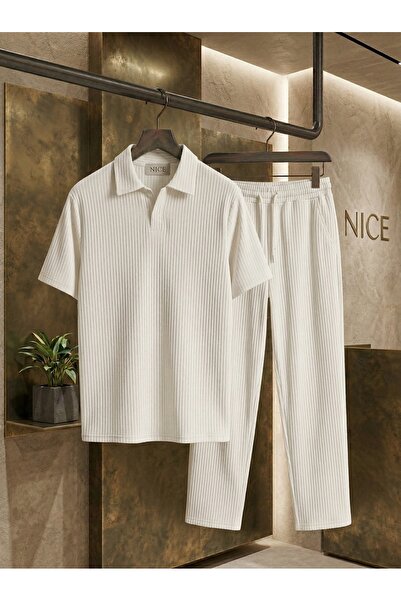 NİCE White Men's Ottoman Comfortable Fabric Summer Top and Bottom Set - Baggy...