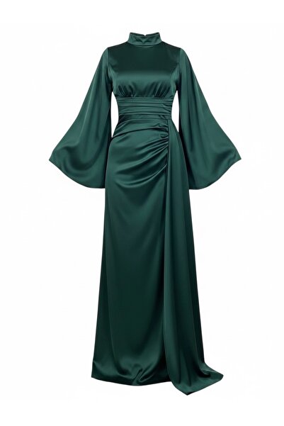 Tarzım Tuba Zara Σατέν Φόρεμα Τεσεττούρ με ντραπέ μακρύ βραδινό φόρεμα με ψηλ...