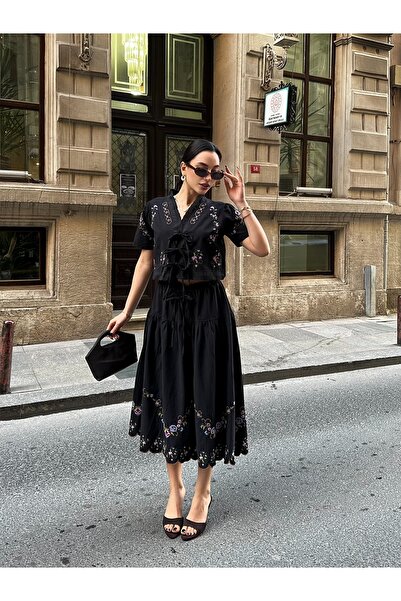 Nes Moda Nakışlı Keten Takım Elbise Gömlek Etek