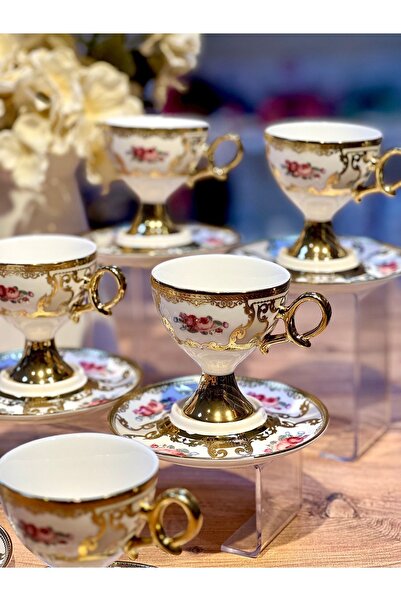 handanca 6lı galina çiçekli vintage gold ayaklı türk kahve fincan takımı