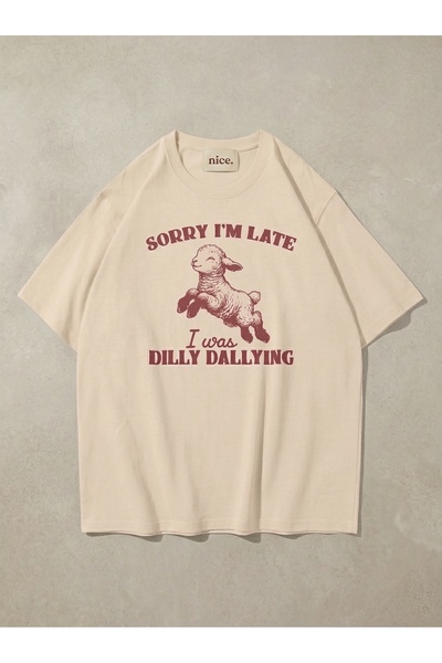 NİCE Ουνισέξ Μπλουζάκι  "Συγγνώμη που άργησα " Μπεζ