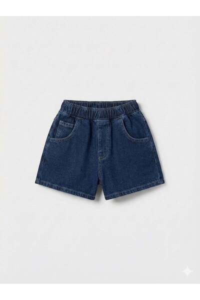 Magu Unisex Children's Cotton Navy Blue Jean Shorts - Elastic Waist with Pockets