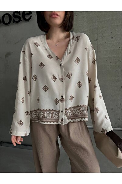 PİKEY KADIN KETEN CROP DESENLİ GÖMLEK