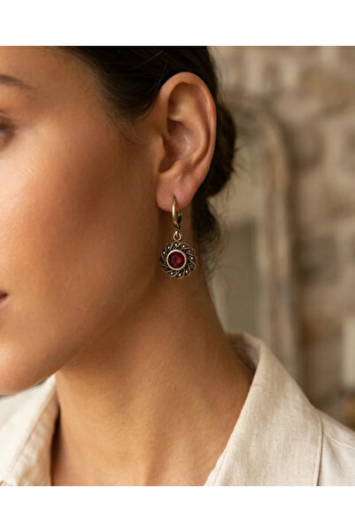 Dorvina Bronze Earrings Authentic Jewelry Red Ruby Crystal Stone Round Spiral...