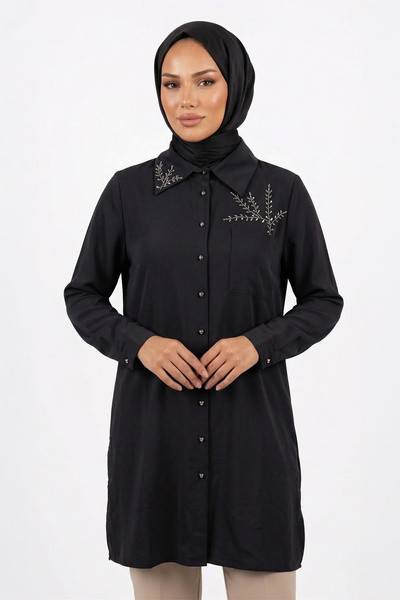 Lale Butik Levidor Stone Printed Tunic Shirt 210147 Black