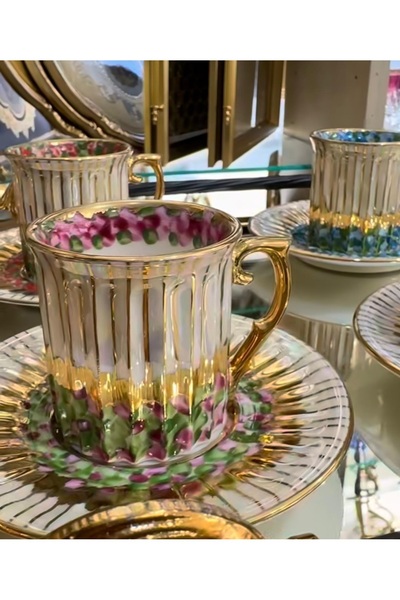 handanca Arni Efes Porselen El Boyama 6lı Kahve Fincan Takımı