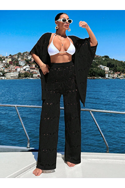 SÇLK Pamuklu Kimono Takım Kadın – Oversıze Triko Plaj Tatil Kombini