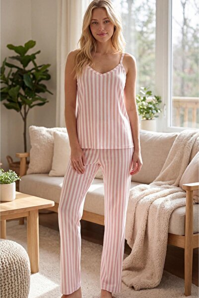 NBB Σετ πιτζάμες από βαμβάκι με ροζ ρίγες και τιράντες