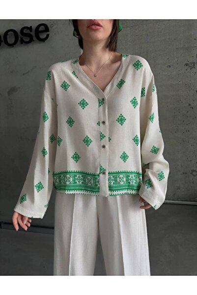 PİKEY KADIN KETEN CROP DESENLİ GÖMLEK