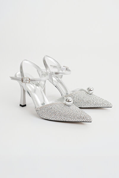 LONDON&LONDON Gümüş Taşlı Sivri Burun Bilekten Bantlı İnce Topuk Abiye Ayakka...