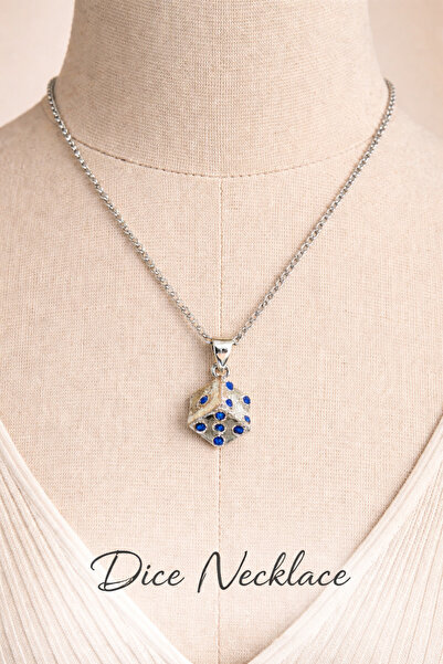 FG KONNİCHİWA Blue Stone Unisex Dice Necklace Silver Color Unisex Dice Necklace