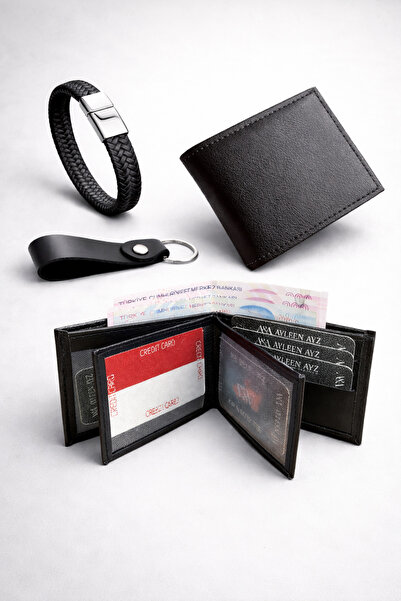 Ayleen Ayz Men's Black Leather Wallet, Bracelet, Keychain Gift Set