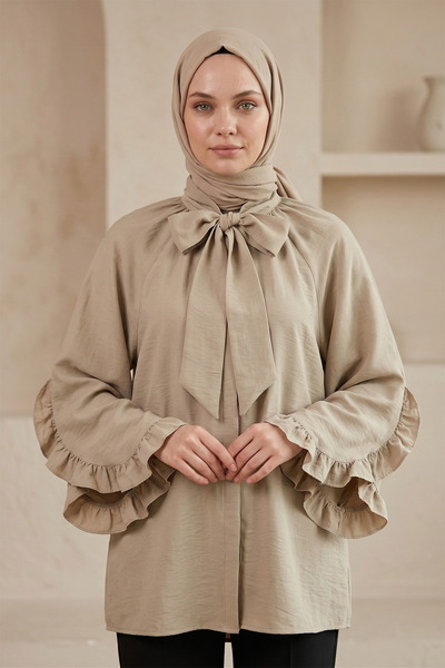 FERHEL Hijab Collar Ribbon Sleeve Ruffle Waist Tie Tunic -Beige