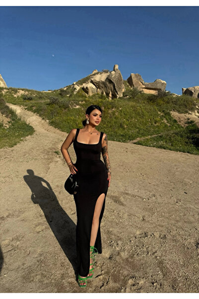 kırmızı butiks Μαύρο φόρεμα με μονό σκίσιμο και χοντρές τιράντες