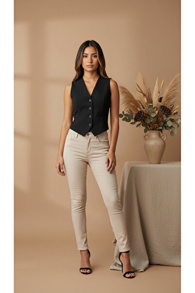 geenz manifacture Γυναικείο μπεζ παντελόνι τζιν με ψηλόμεσο ελαστικό λύκρα, σ...