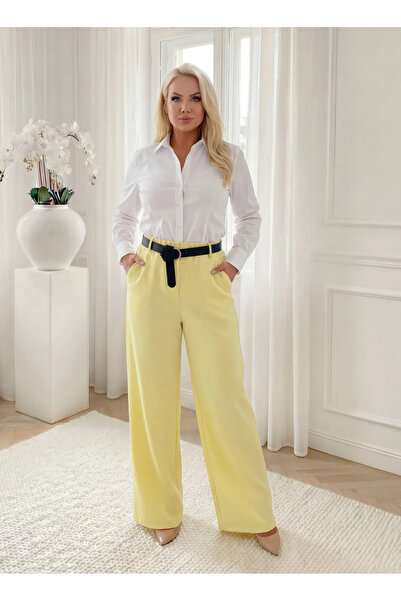 UniqueStore.ro Κομψό βανιλί ψηλόμεσο παντελόνι παλάτσο με φαρδιά μπατζάκια