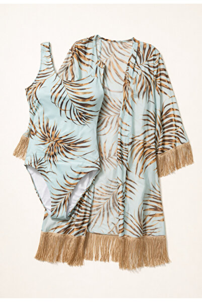 Nobrand Ασύμμετρο ολόσωμο μαγιό + διαφανές κιμονό με κρόσσια, με τροπικό σχέδιο