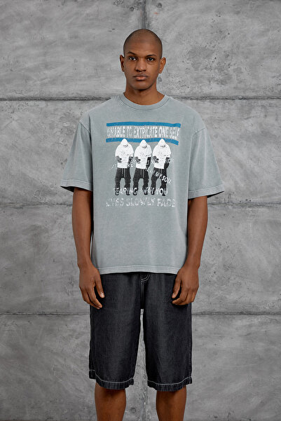 NOMARC Tricou oversize gri, imprimat cu 3 figuri, lavabil, pentru bărbați.