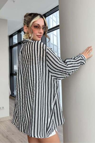 Lijuri Pocket Detailed Striped Oversize Shirt 3508