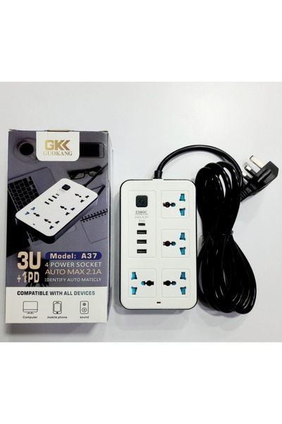 GKK A37 4-Socket Power Strip with 3 USB + 1 PD Port, Auto Max 2.1A, White