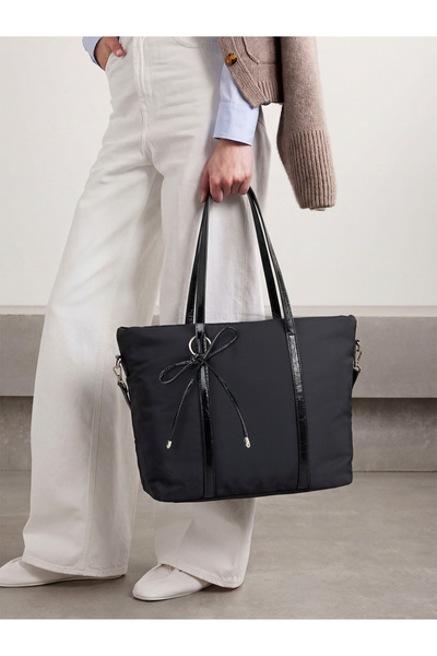 Morlex Siyah Fiyonk Charmlı,Fermuarlı,Astarlı Shopper Çanta