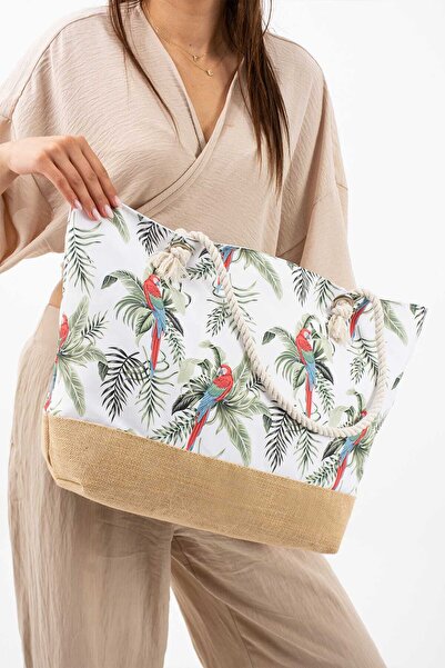 Meryem Çanta Women's Patterned Beach Bag with Knitted Handle and Lining