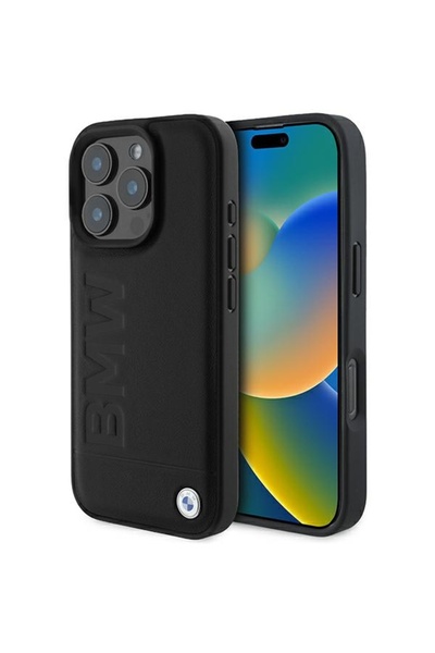 BMW BMHMP16LSLLBK iPhone 16 Pro 6.3 " negru carcasă rigidă din piele cu ștanț...