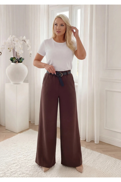 UniqueStore.ro Κομψό σοκολατί ψηλόμεσο παντελόνι παλάτσο με φαρδιά μπατζάκια