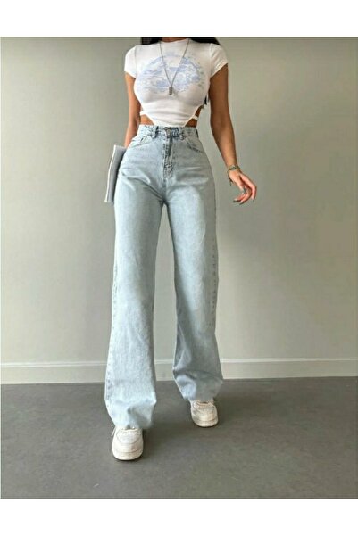BİENAL BUTİK Ψηλόμεσο Ice Blue Wide Leg Palazzo Jeans Lycra ελαστικό τζιν παν...