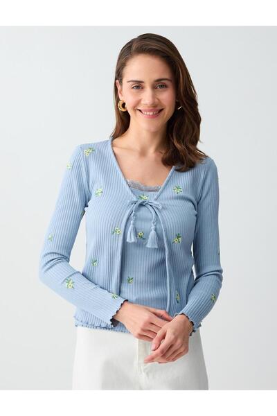 Jimmy Key Μπλε Πλεκτή Ζακέτα με Κέντημα Λουλουδιών και Μακρύ Μανίκι σε Σχήμα V