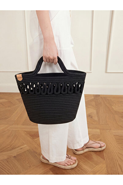 SHAKA Μαύρη Shk318 Χειροποίητη Ψάθινη Τσάντα Χειρός, Ώμου και Αντιβραχιόνιου