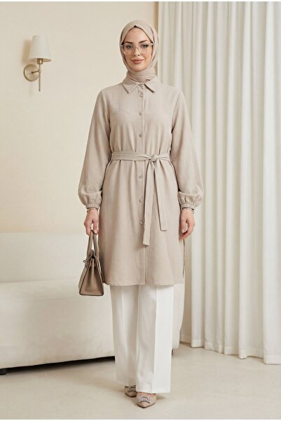 Modamorfo Μακρύ τουνίκ από μουσελίνα με ελαστικό μανίκι και κορδόνι στη μέση ...