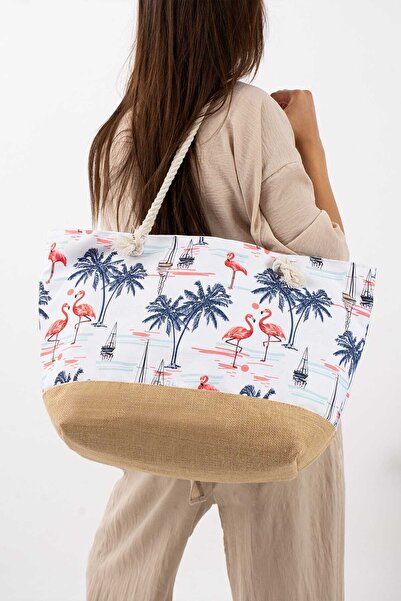 Meryem Çanta Women's Patterned Beach Bag with Knitted Handle and Lining