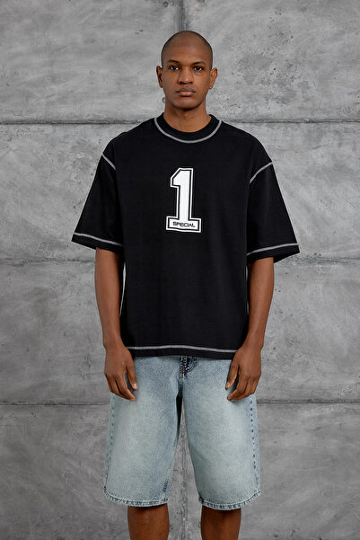 NOMARC Tricou negru supradimensionat cu imprimeu